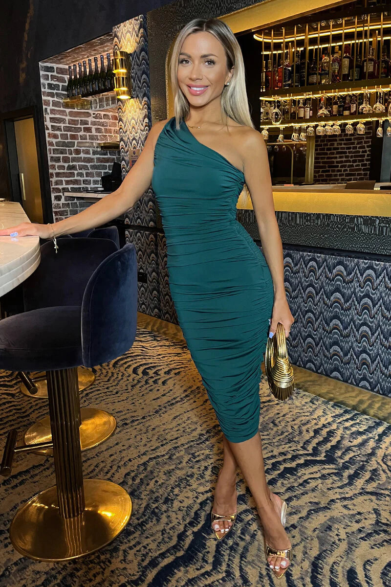 Perfect fashion pieces for the busy woman   AX Paris Teal One Shoulder Bodycon Ruched Midi Dress