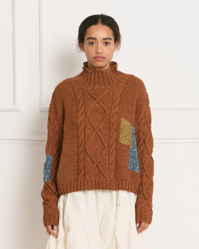 Trendy women’s clothing    Cable Funnel Neck - Brown Darn Knit