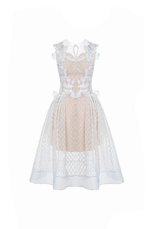 Elegant evening wear for special events   Chloe Fit and Flare Flower Applique Lace Midi Dress