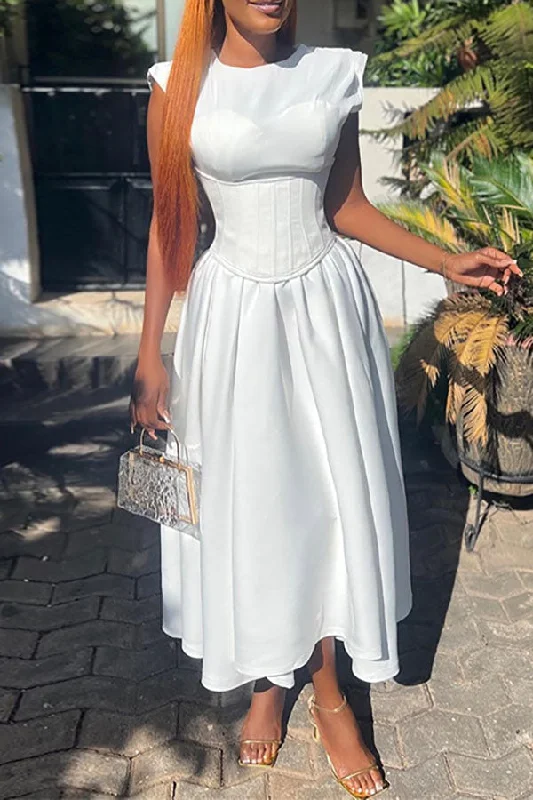 Classic pieces for a timeless wardrobe   Solid Color Patchwork Retro A-Line Midi Dress