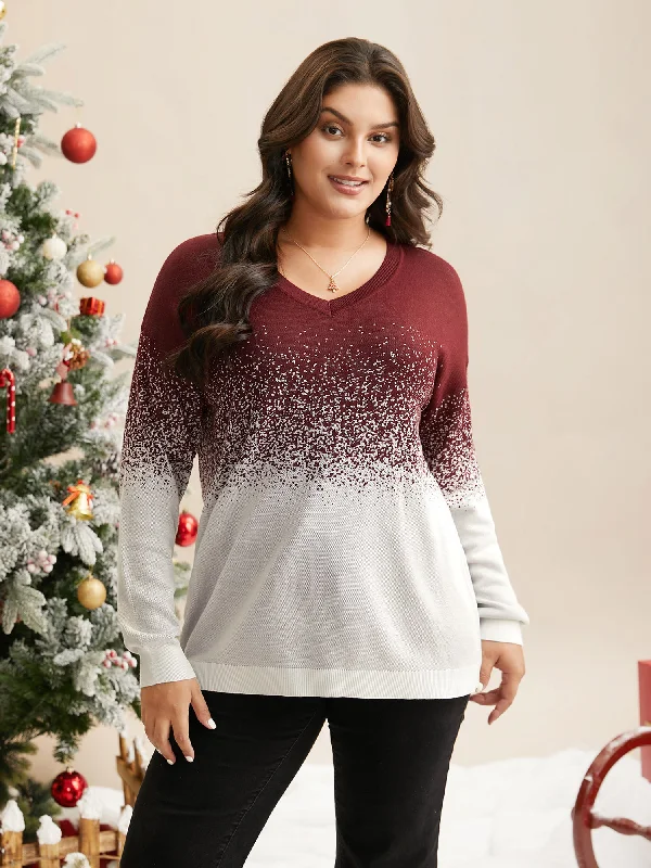 Everyday essentials for a stylish wardrobe   Holiday Gradient Jacquard Pattern V-neck Pullover