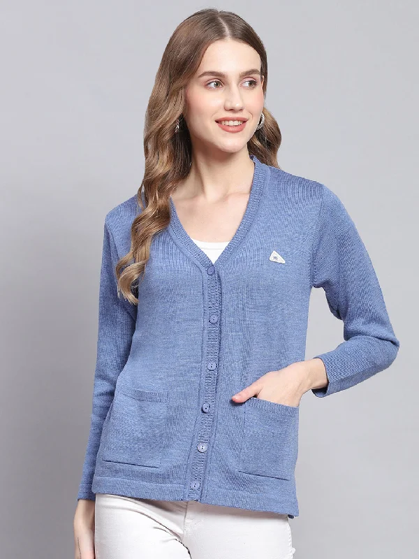 Elevate your style with fashionable women’s clothing   Women Blue Solid V Neck Full Sleeve Cardigans