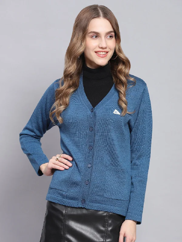 Effortlessly chic outfits for the modern woman   Women Blue Solid V Neck Full Sleeve Cardigans