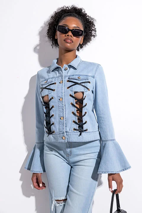Trendy women’s clothing with a modern twist   RYLEY LACE UP DENIM BELL SLEEVE JACKET