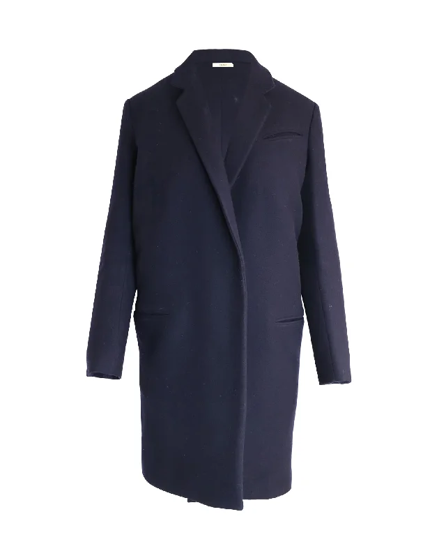 Feminine silhouettes for the modern woman   Celine Open-Front Coat in Navy Blue Wool
