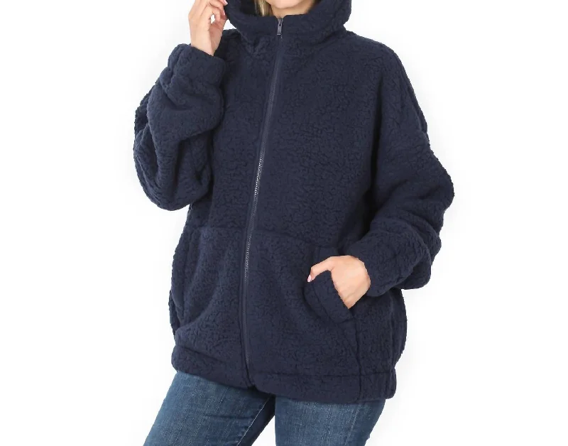 Women’s clothing that fits your personality and style Sherpa Hooded Zipper Jacket In Navy Women’s clothing that fits your personality and style Sherpa Hooded Zipper Jacket In Navy