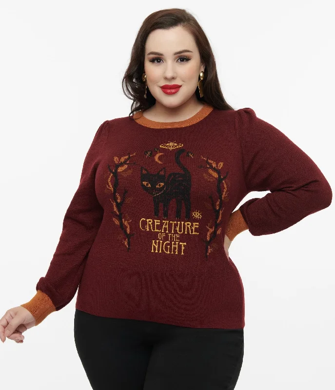 Designer-inspired women’s fashion at affordable prices   Disney Hocus Pocus Collection by Unique Vintage Plus Size Burgundy Binx Hocus Pocus Embroidered Sweater