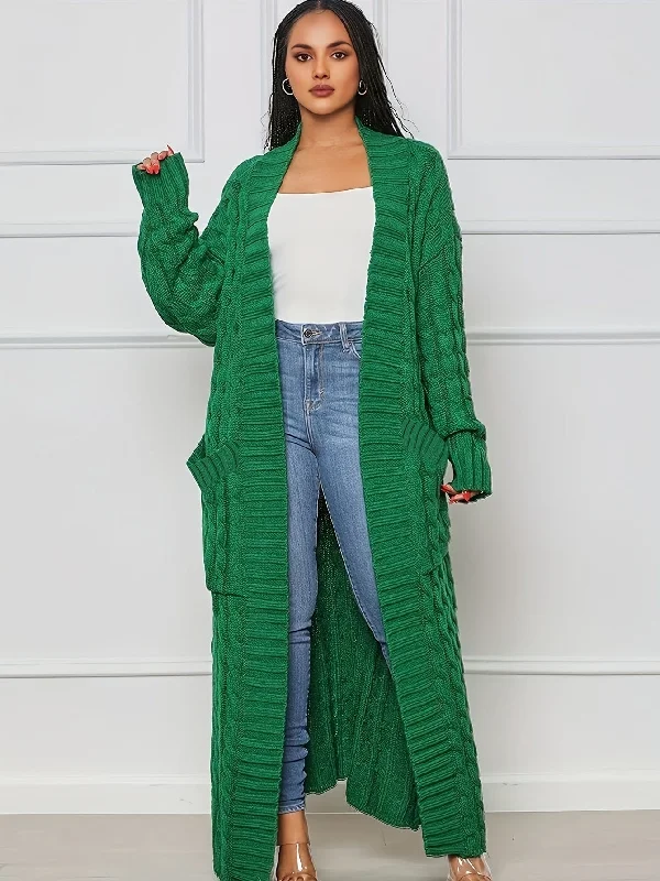 Create a timeless wardrobe with fashionable pieces   Elegant Solid Long Sleeve Mid-Calf Length Loose Cable Knit Cardigan
