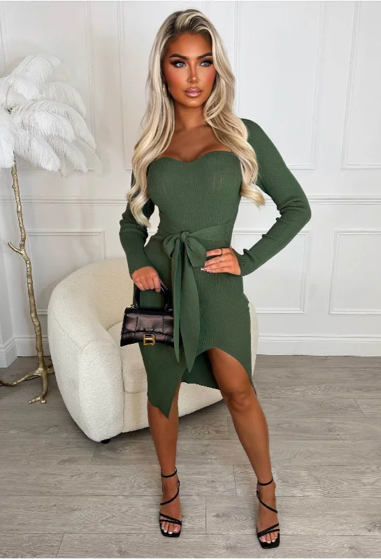 Fashion-forward styles that make a statement   Tied To Love Khaki Tie Waist Long Sleeve Stretch Ribbed Knitted Midi Dress