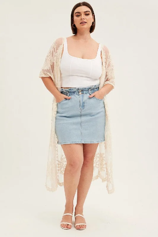 Elevate your look with premium women’s wear   White Kimono Cardigan Scallop Hem Embroidery Mesh