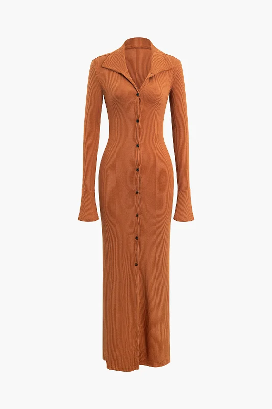 Confidence-boosting clothing for women   Bell Sleeve V-neck Button Up Slit Rib Knit Dress