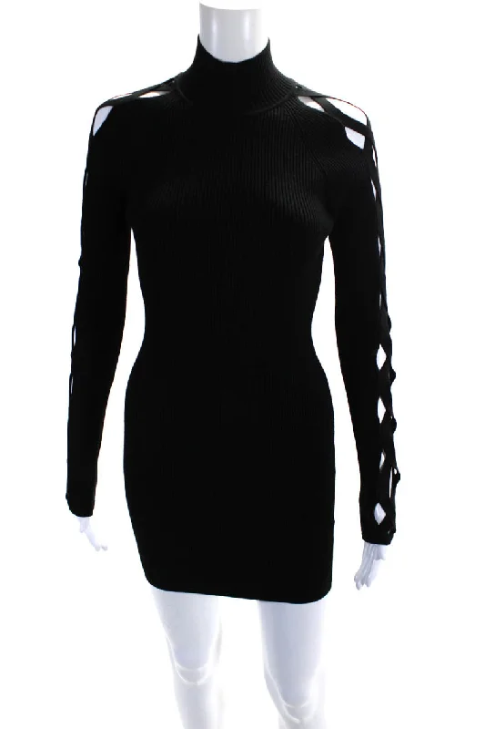 Trendy women’s clothing with a modern twist Ramy Brook Womens Kiana Ribbed Turtleneck Lattice Mini Sweater Dress Black XS Trendy women’s clothing with a modern twist Ramy Brook Womens Kiana Ribbed Turtleneck Lattice Mini Sweater Dress Black XS