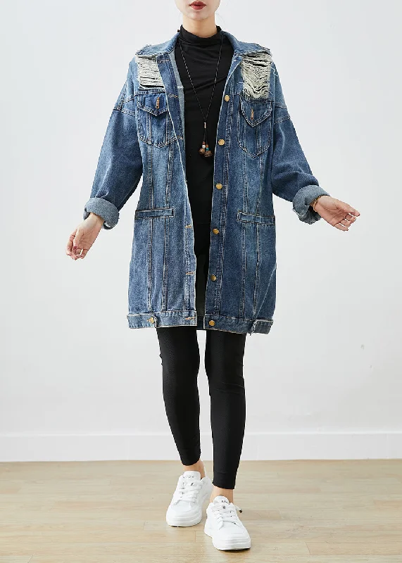 Summer-ready fashion for stylish women   Modern Blue Oversized Denim Ripped Coat Outwear Fall