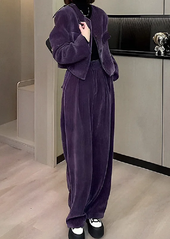 Classic pieces for a timeless wardrobe   Modern Purple O-Neck Button Silk Velour Coats And Wide Leg Pants Two Pieces Set Fall