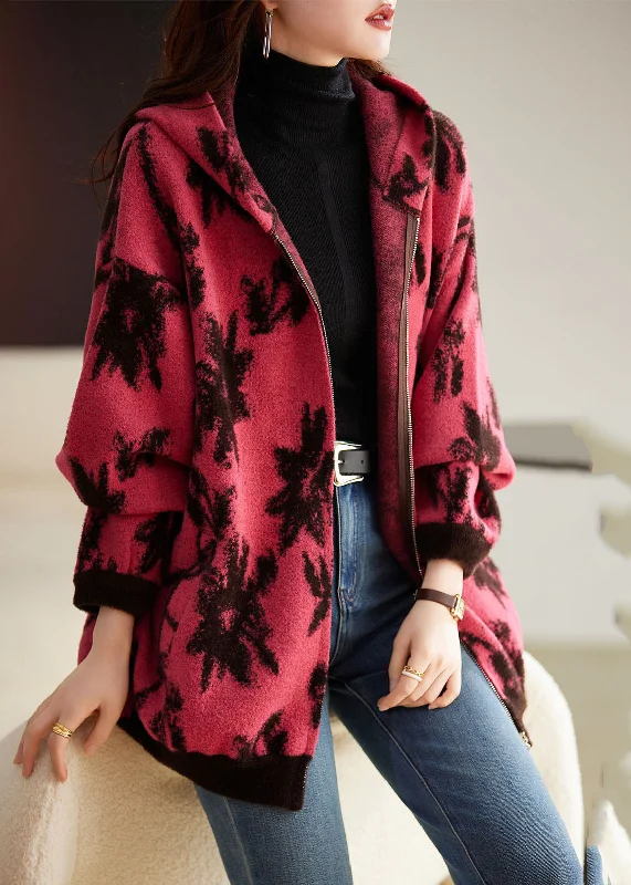 Find your perfect fit with stylish women’s clothing   Modern Rose Print Zippered Thick Woolen Hoodies Coat Fall