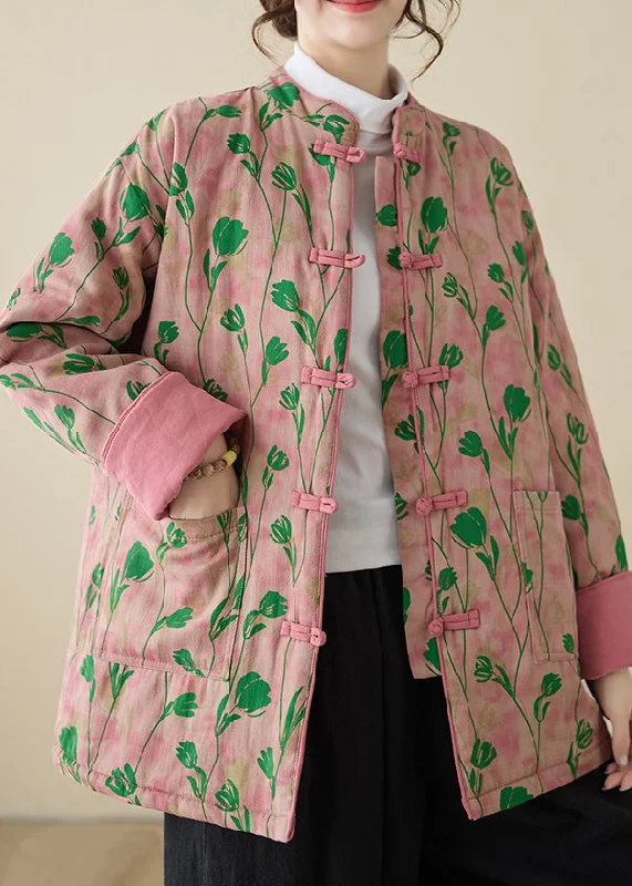 Refresh your wardrobe with high-quality women’s fashion   Art Pink Stand Collar Print Pockets Cotton Filled Parka Winter